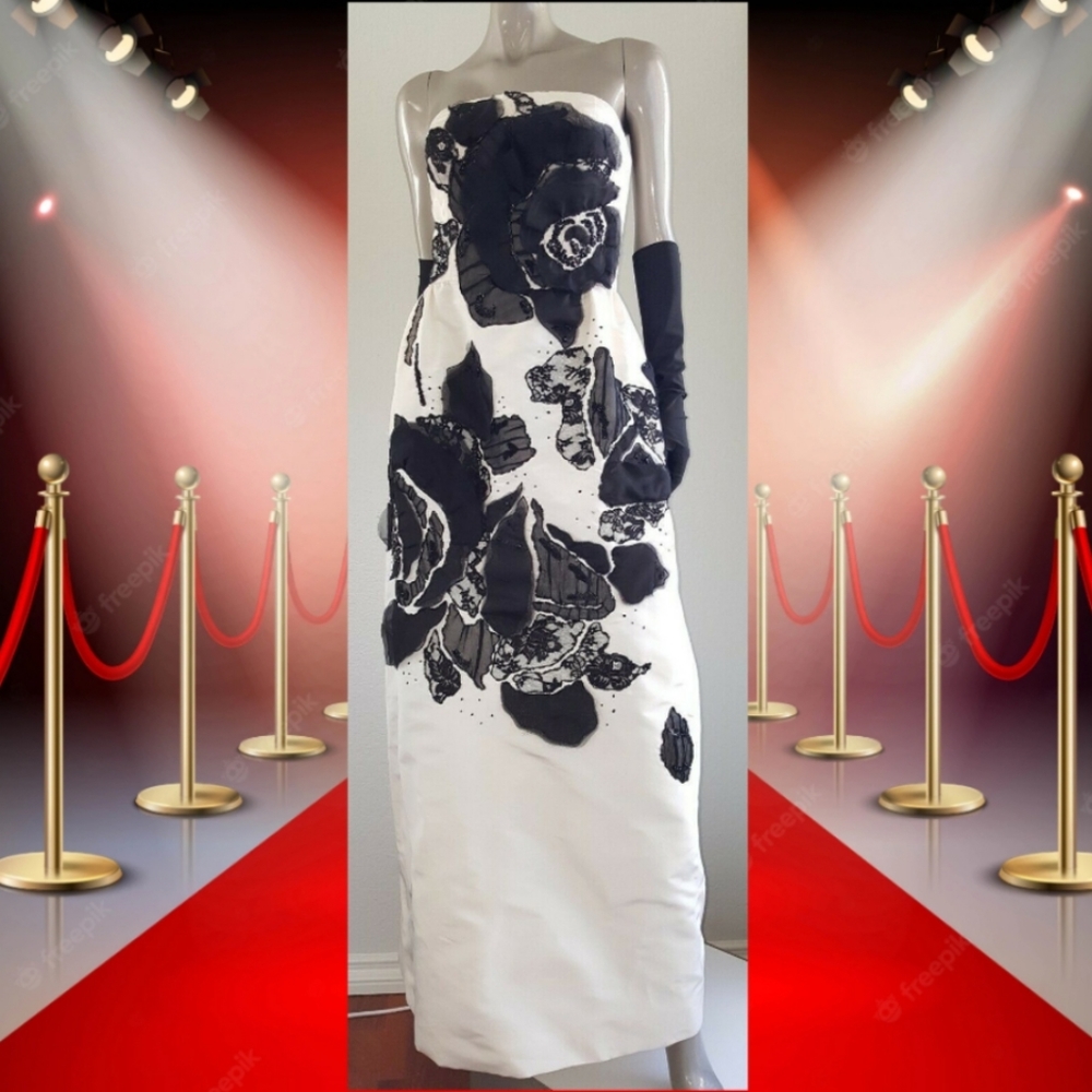 ●*$14,615 OSCAR DE LA RENTA WHITE BLACK BIG FLOWER SILK RUNWAY GOWN US 6 - Picture 4 of 12